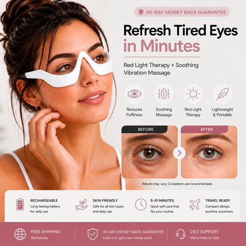 Woman wearing the EyeRevive red light therapy eye massager